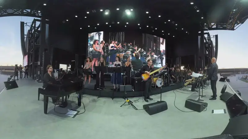 Frame from the 360° recording of the Orchestra Nazionale Jazz dei Conservatori Italiani at the Arena Matsuri, Expo 2025 Osaka, August 2025.
