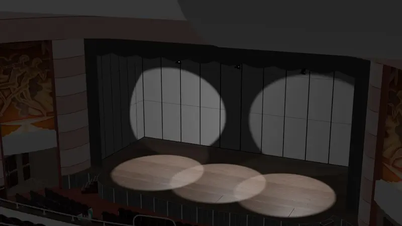3D render of the Miller Theater in Augusta seen from the gallery: the empty stage with three circles of light, the gilded proscenium, the red seats in the stalls.