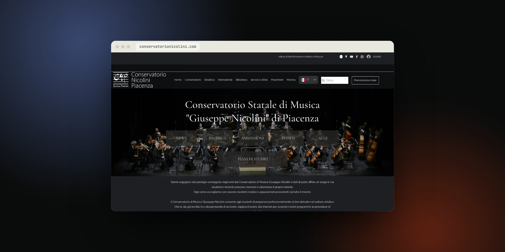 La home page di conservatorionicolini.com: il nome del Conservatorio sopra la foto dell’orchestra, e i pulsanti per notizie, bacheca, ammissioni, eventi, aule e piani di studio.