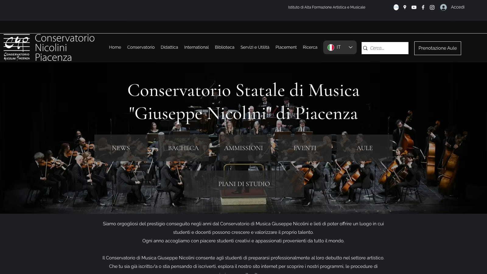 The home page of the Nicolini Conservatory website in Piacenza