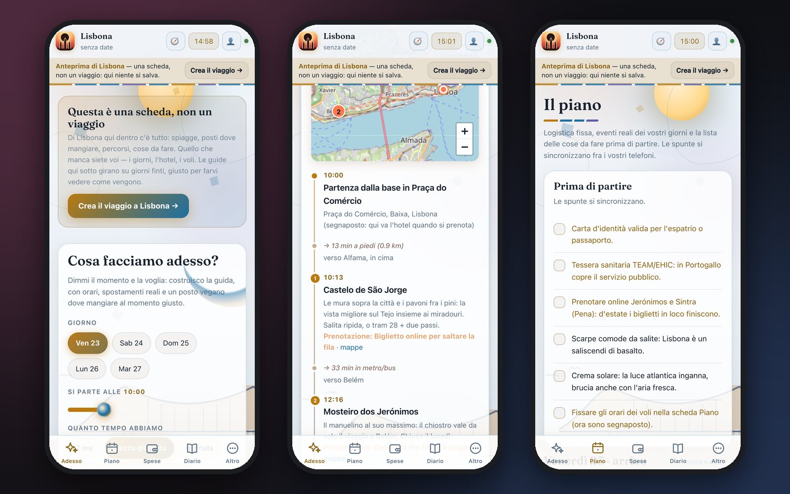 Three Tell screens on a phone, for Lisbon: “What shall we do now?” with the day and the departure time, the generated day with the map and the time of each stop, and the list of things to do before leaving.
