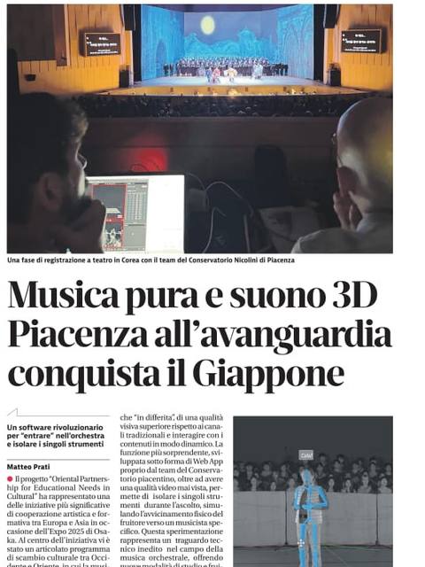 Libertà, 14 April 2026, page 31: “Pure music and 3D sound: cutting-edge Piacenza wins over Japan”