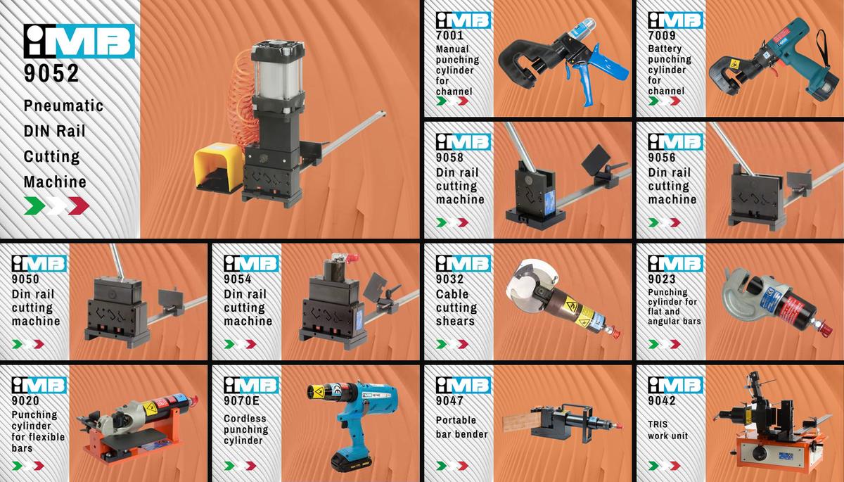 Thirteen video thumbnails, a large one at the top left and twelve small ones around it: each with the IMB logo, the machine’s code and name on a grey striped panel, and the cut-out machine on an orange wavy background.
