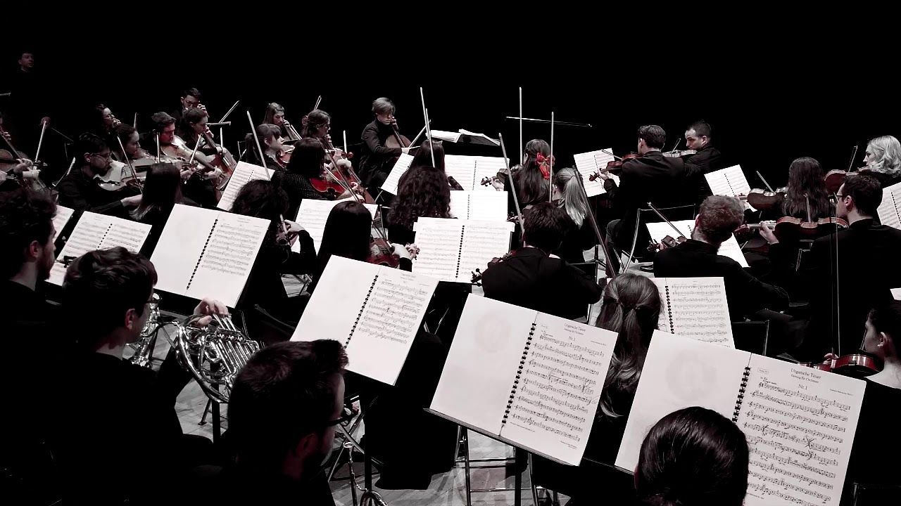 L’Orchestra Giovanile della Via Emilia ripresa dall’alto durante il concerto, fra leggii, spartiti e archi, in toni di grigio.