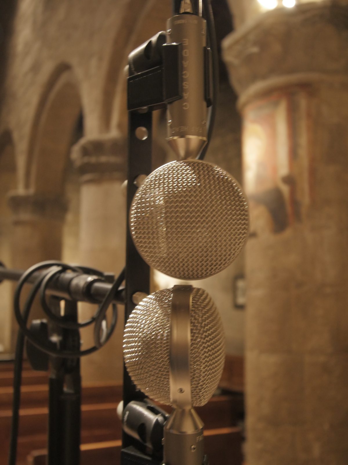 Two microphones with round grilles, mounted one above the other on a stand, in focus; behind, out of focus, the columns of the nave with frescoes and the pews.