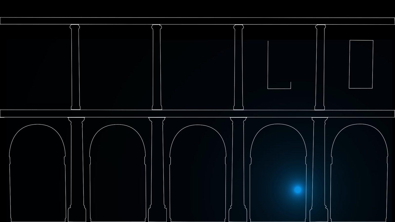 The façade drawing for the projection mapping: white lines of the arches, pilasters and windows on black