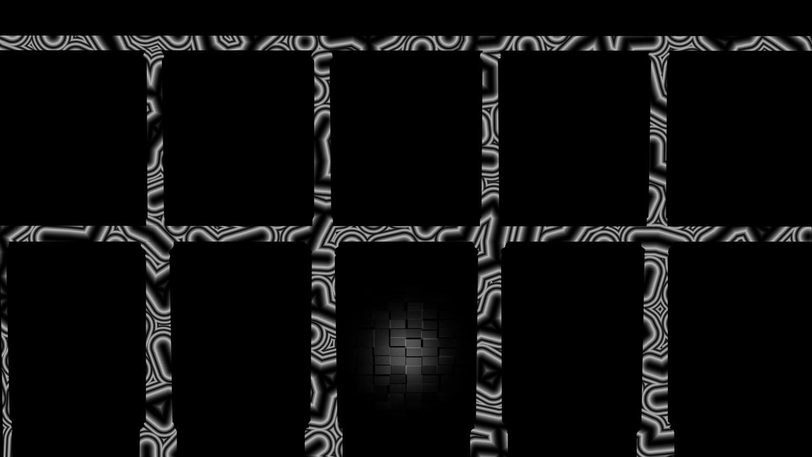 A scene from the projection mapping: moving white patterns running along the arches and cornices, with the windows still dark