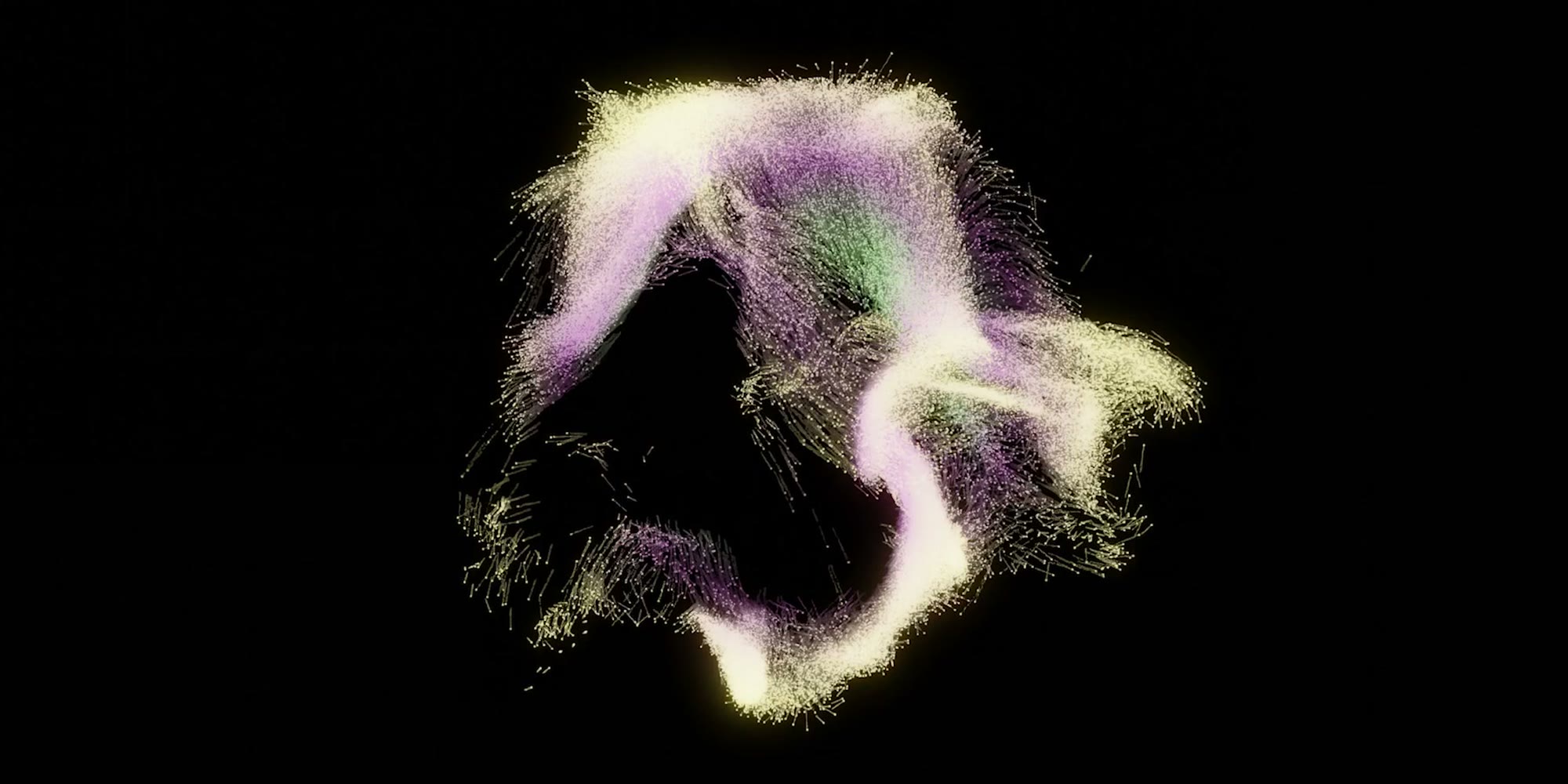 A cloud of glowing particles on a black background, yellow and lilac with a green core, twisting like smoke: a frame from Nebulacusmatica, where the particles move with the sound.