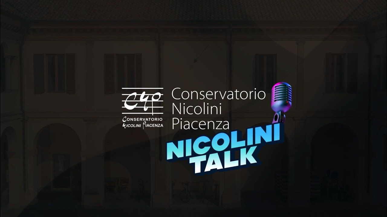 The opening title: the Nicolini Conservatory logo, a microphone and the light blue words «Nicolini Talk» over an arcaded courtyard in half-light.