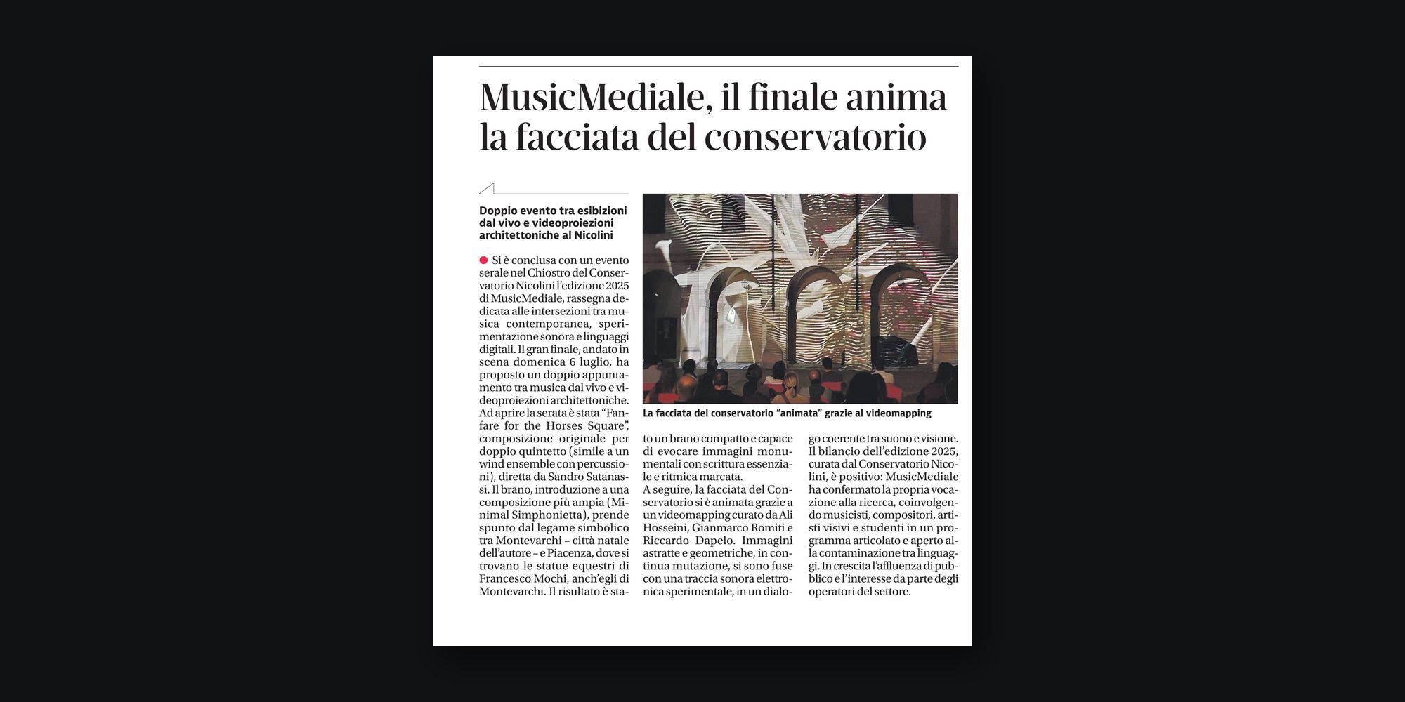 La pagina di Libertà «MusicMediale, il finale anima la facciata del conservatorio», con la foto della facciata del Nicolini illuminata dal videomapping e il pubblico nel chiostro.
