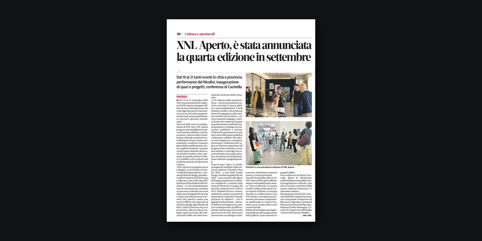 La pagina di Libertà «XNL Aperto, è stata annunciata la quarta edizione in settembre», con due foto di visitatori a un’edizione precedente.
