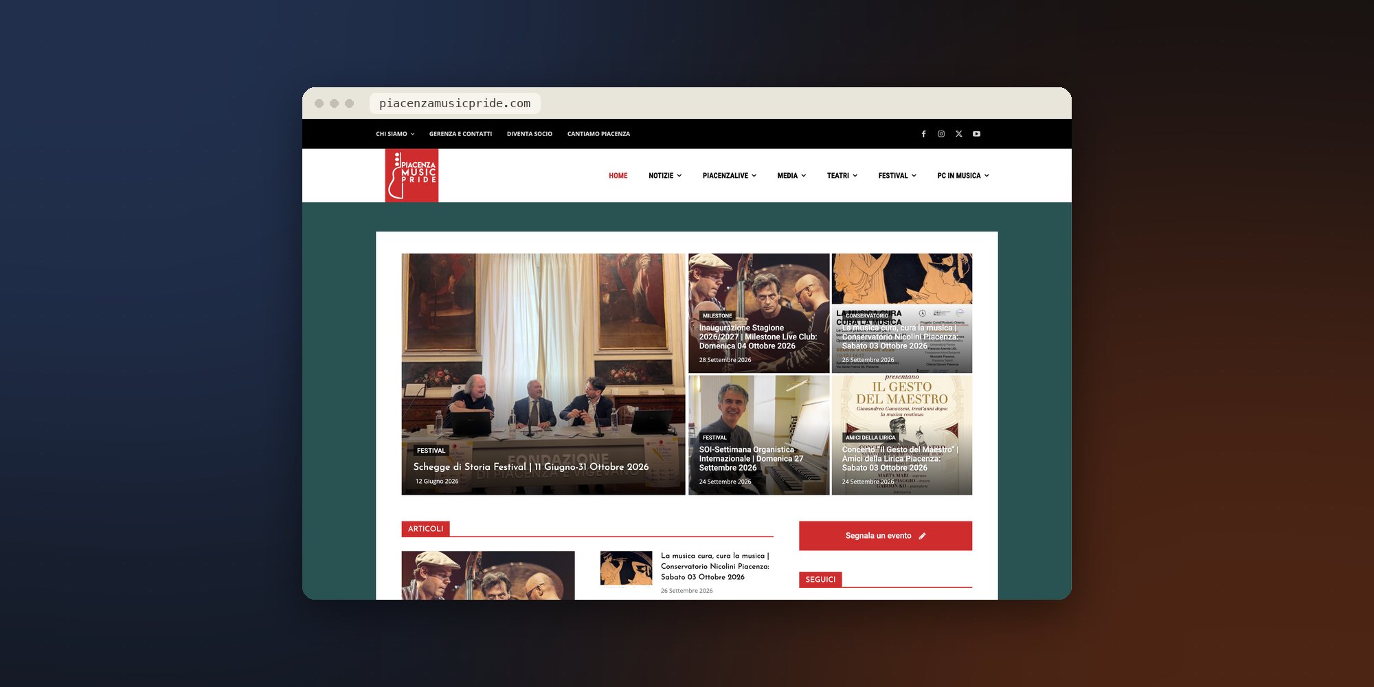 The piacenzamusicpride.com home page in a browser window: the red logo, the menu and the September 2026 articles.