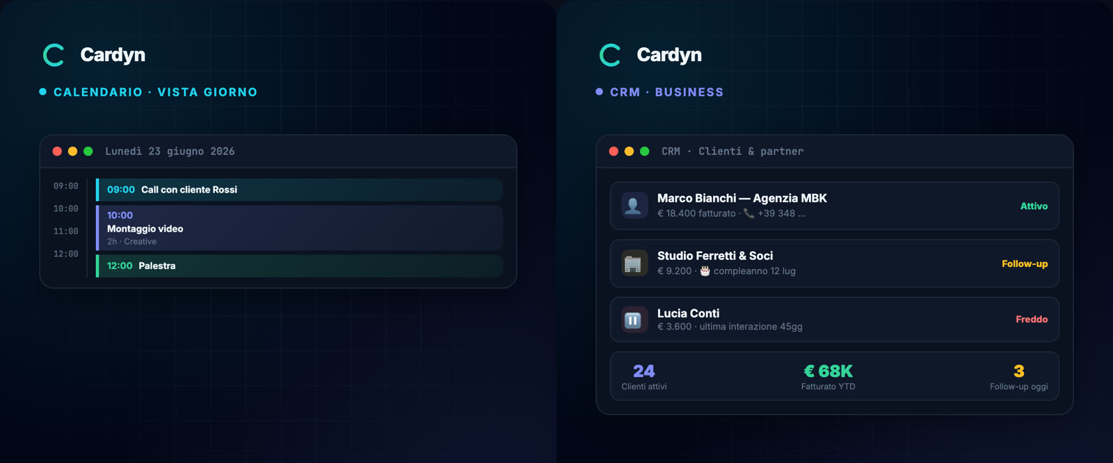 Two Cardyn screens in Italian with demo data: the calendar’s day view with draggable appointments, and the CRM with clients, revenue per contact and follow-ups.