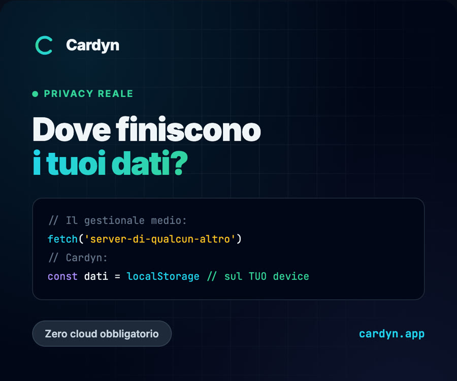A Cardyn graphic in Italian: “Where does your data end up?”, with two lines of code side by side, the average app sending it to someone else’s server and Cardyn keeping it on the device.