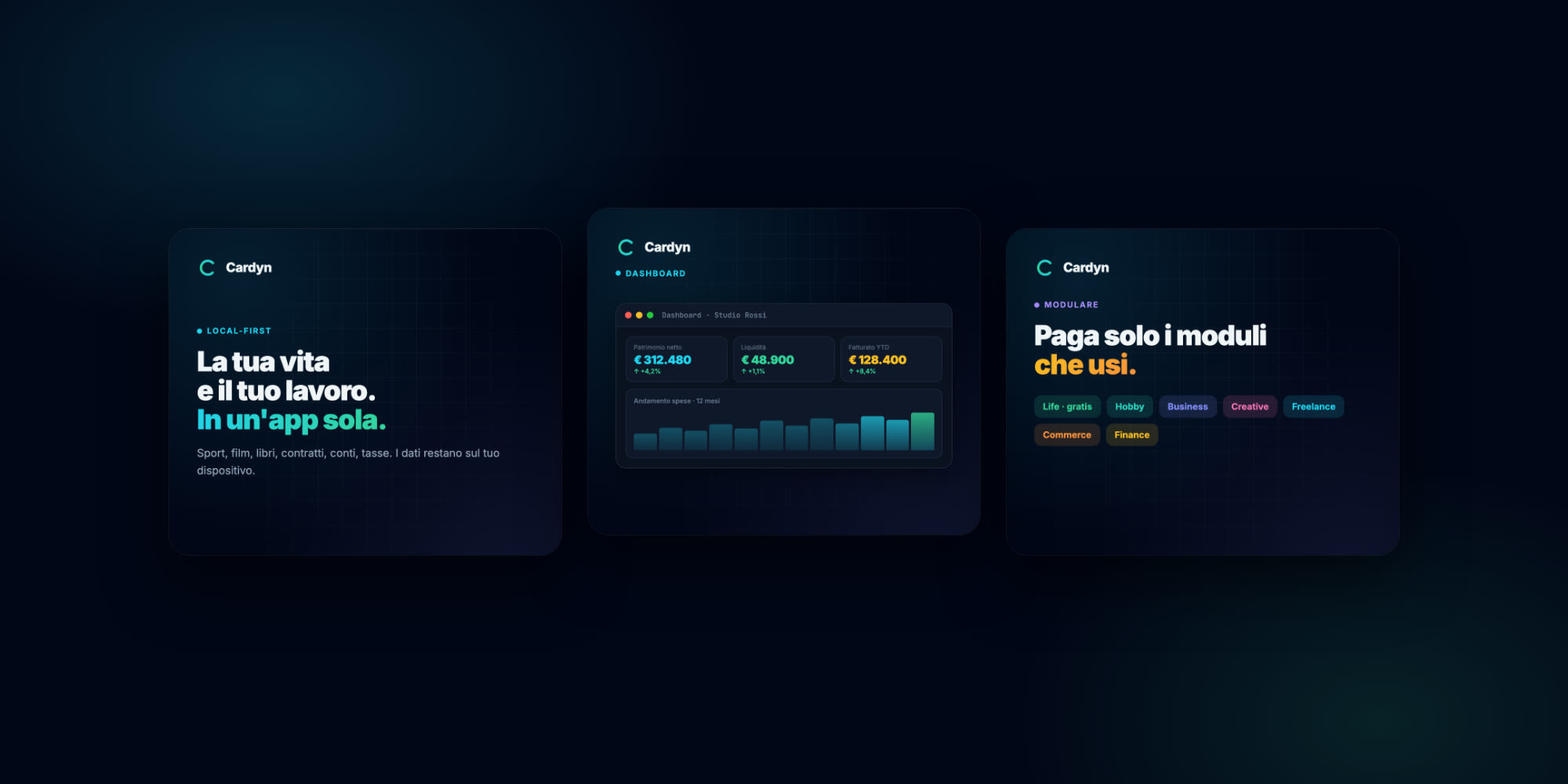 Three Cardyn screens on a midnight-blue background: the Italian slogan «La tua vita e il tuo lavoro. In un’app sola.», a dashboard with net worth, cash and revenue, and the seven coloured modules.