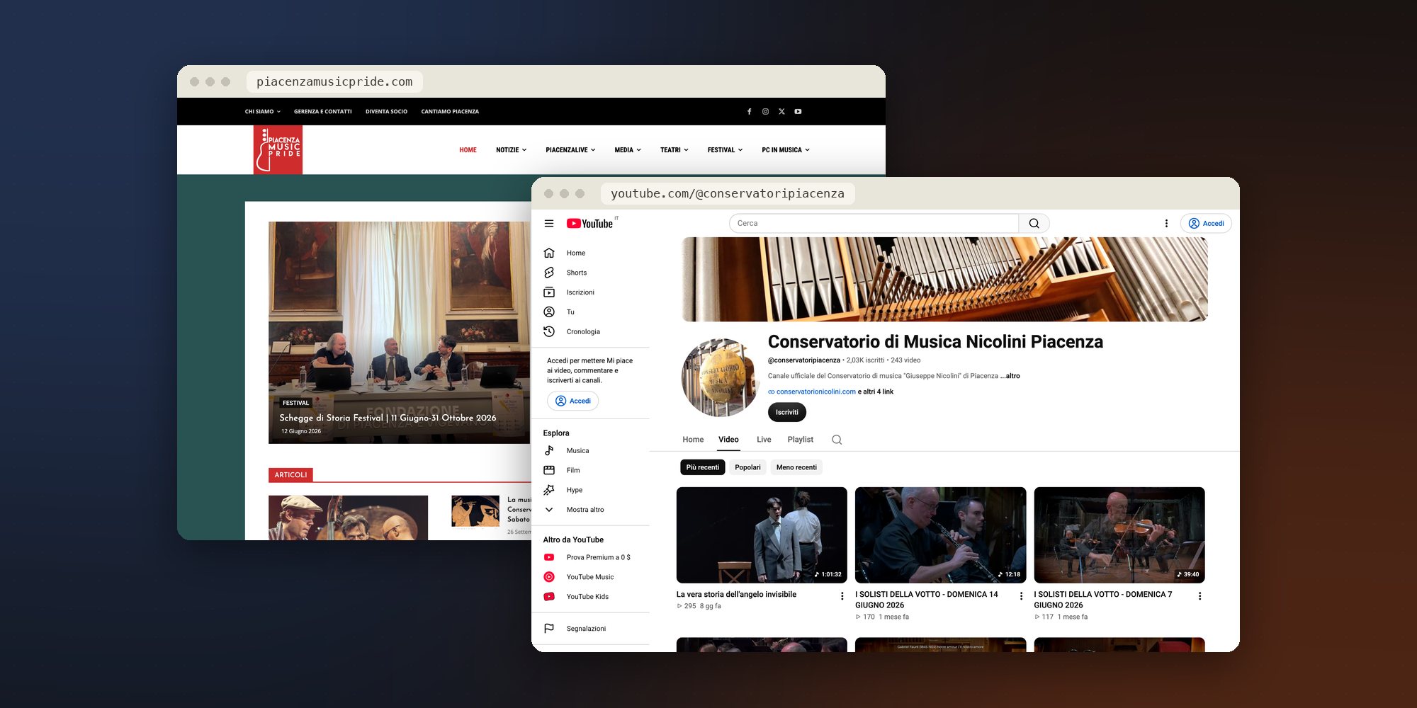 Due finestre del browser: il sito di Piacenza Music Pride con gli articoli di settembre 2026, e il canale YouTube del Conservatorio Nicolini con i video dei concerti.