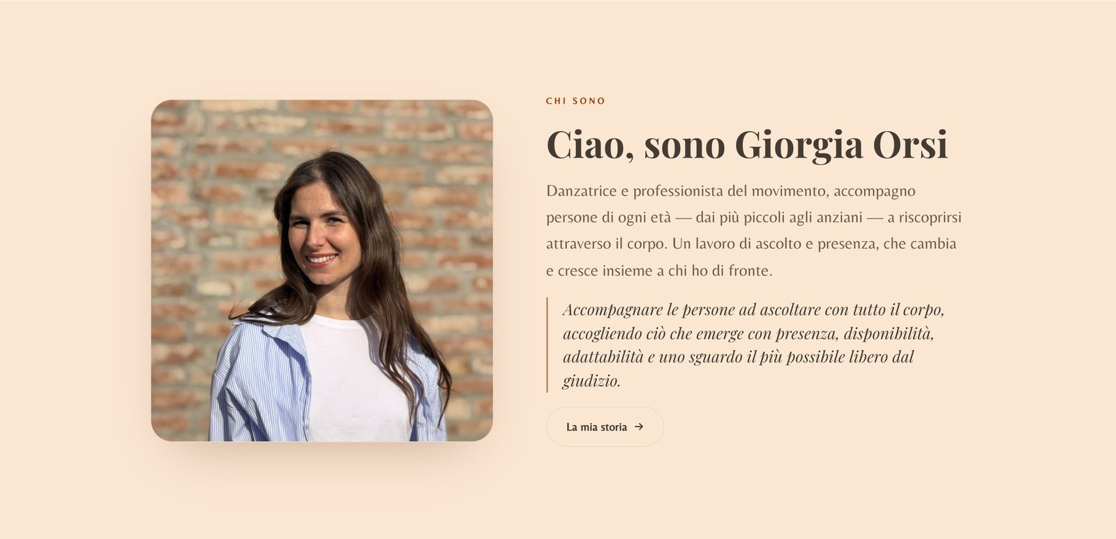 La sezione «Ciao, sono Giorgia Orsi»: la sua foto davanti a un muro di mattoni e il testo con cui si presenta.
