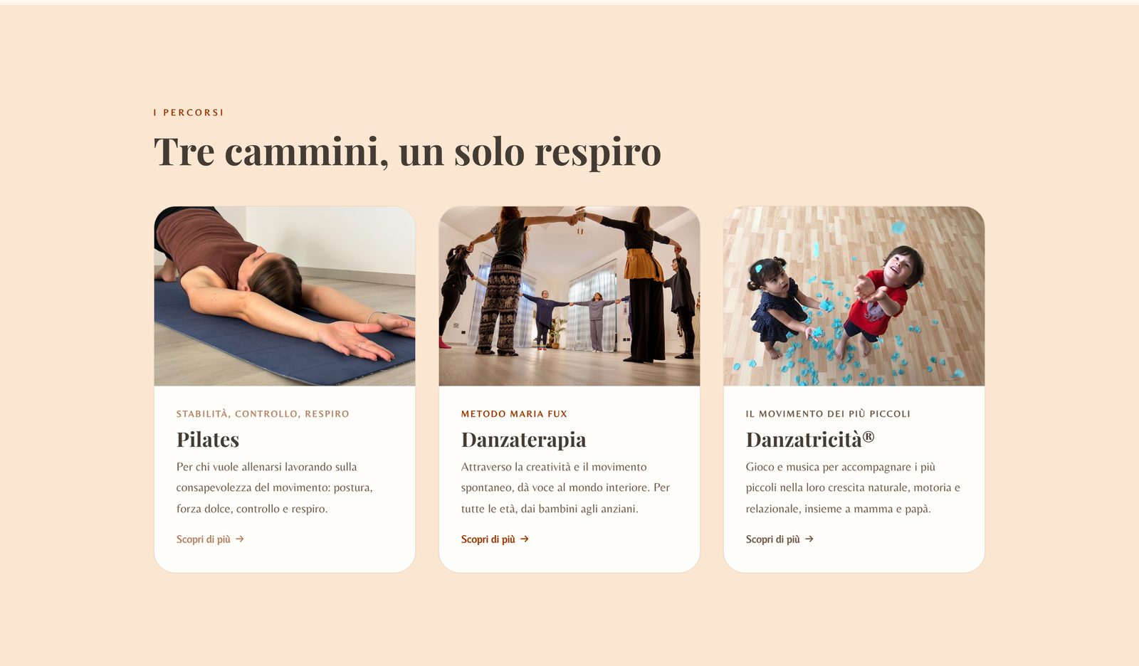 La sezione «Tre cammini, un solo respiro»: tre schede con foto, per il pilates, la danzaterapia con il metodo Maria Fux e la Danzatricità® per i più piccoli.