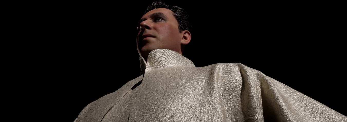 Calaf rebuilt digitally and seen from below: the tenor’s face and his pale costume, simulated as real fabric, on a black background.