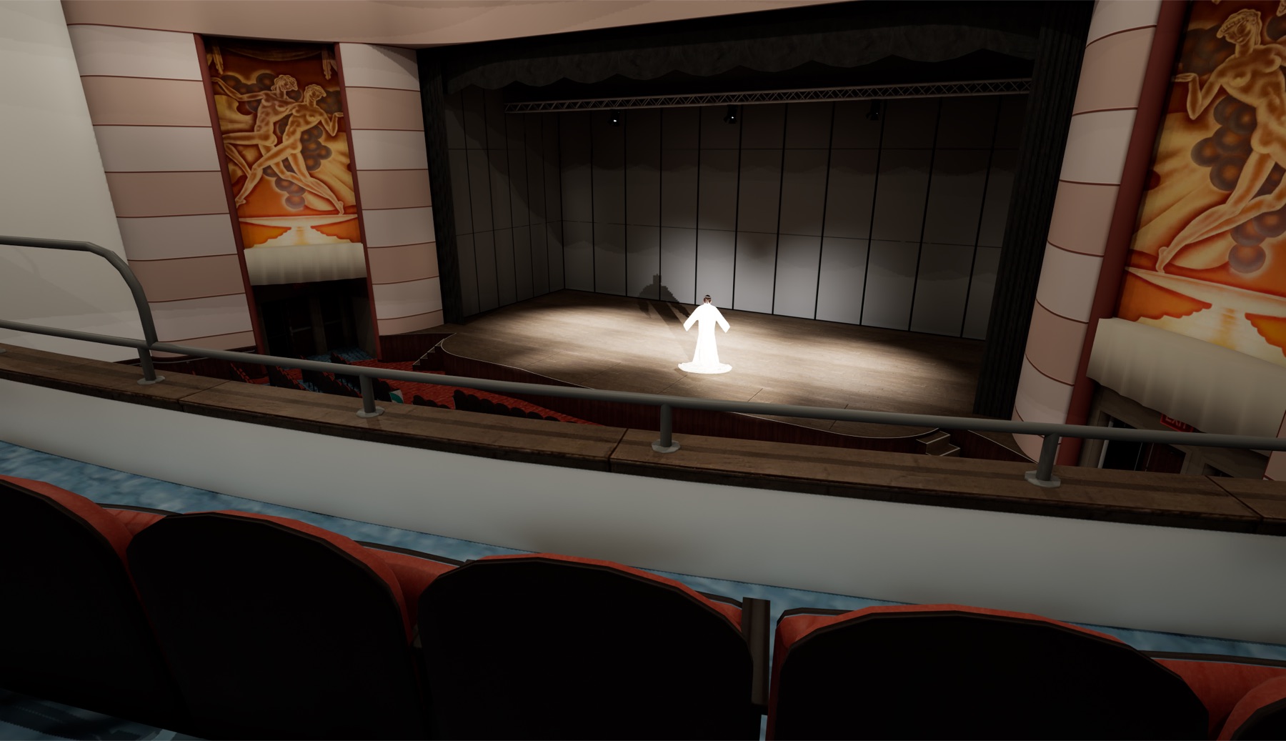 Render of the stage with a performer dressed in white under a beam of light