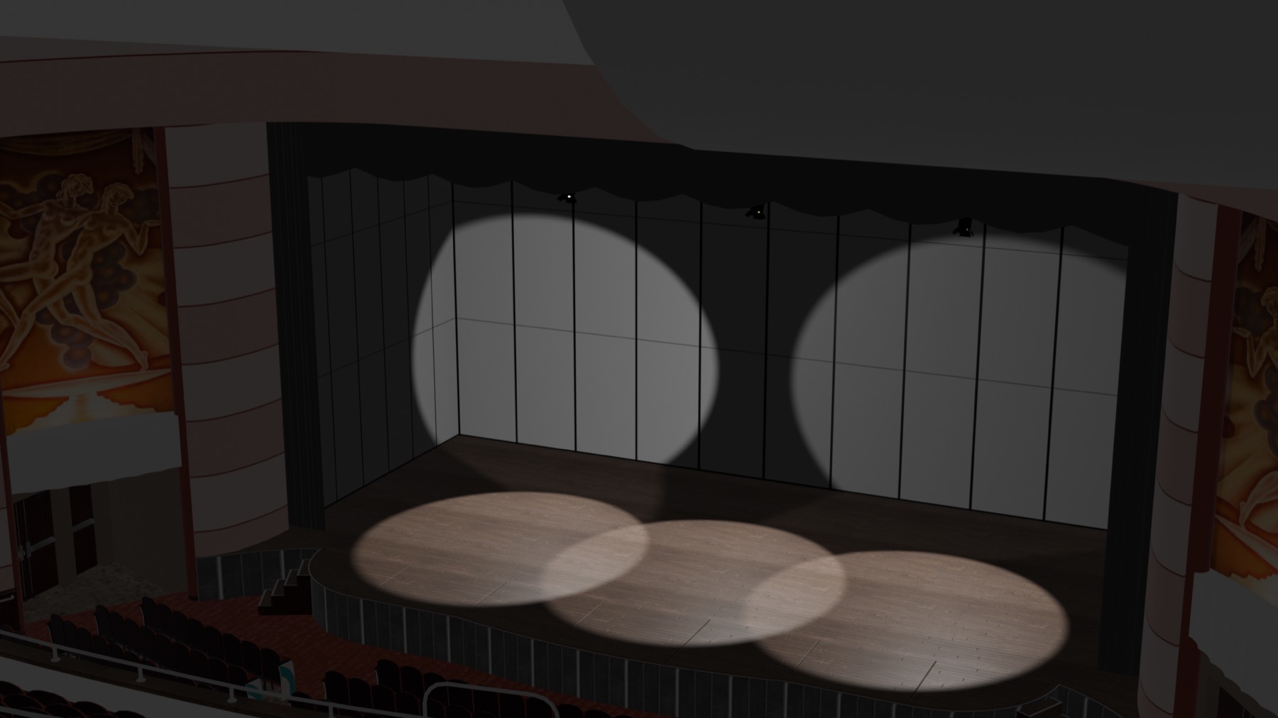 Render 3D di un teatro visto dalla galleria, con tre fasci di luce sul palco