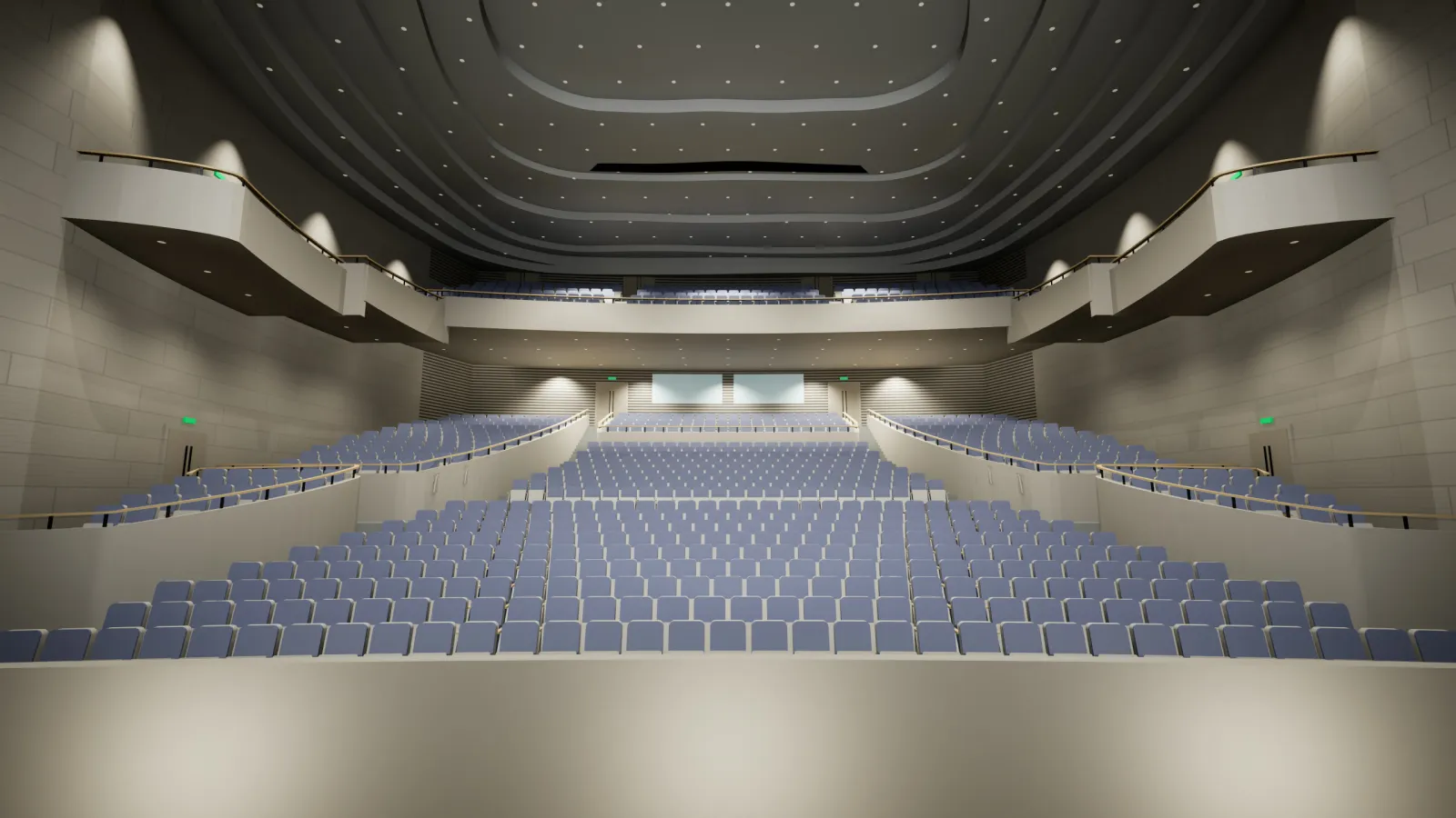 Il teatro dello Zhejiang Conservatory of Music nel nostro modello 3D, visto dal palco a luci accese: la platea con le poltrone blu, le terrazze sui fianchi, la balconata, le gallerie lungo i muri e il soffitto a onde con le luci a puntini.