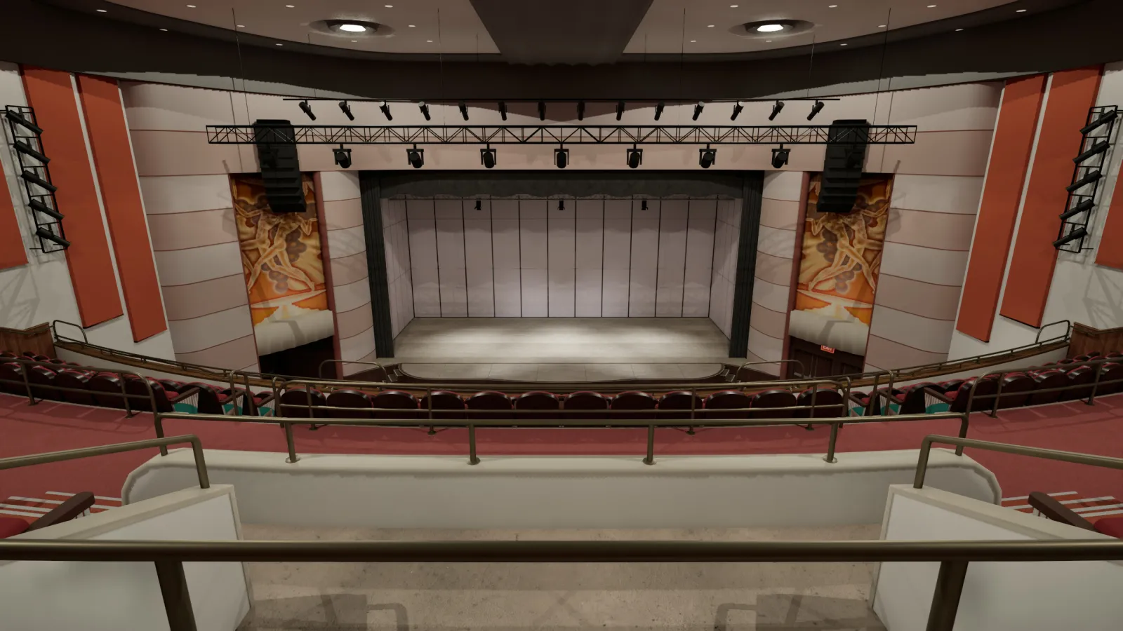 Il Miller Theater nel nostro modello 3D, visto dalla balconata a luci accese: il palco con la conchiglia di pannelli chiari, i murali ai lati del boccascena, l’americana con i fari e le casse, i pannelli rossi sulle pareti, le poltrone rosse.